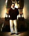 A portrait of Mr. House standing in front of a large robot, located in the House Resort
