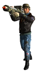 A Boomer sentry, wearing patched Vault clothing combined with salvage military uniform elements and toting the signature explosive weapon of the tribe.