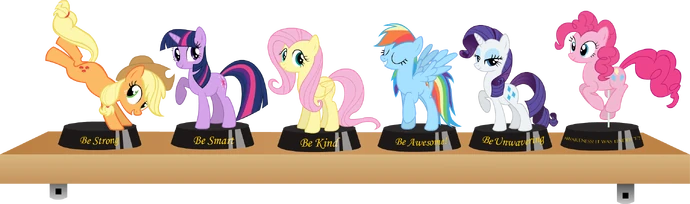 Статуэтки шести кобыл-министров Эквестрии (слева направо: Эпплджек, Твайлайт Спаркл, Флаттершай, Рэйнбоу Дэш, Рарити, Пинки Пай)