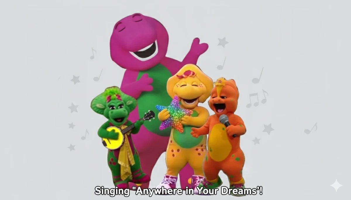 Barney, Baby Bop, BJ and Riff are singing Anywhere in Your Dreams ...