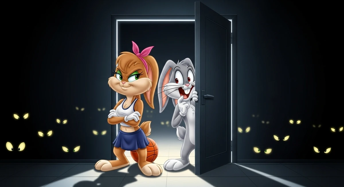 Bugs Bunny and Lola Bunny standing in the dark with cartoon