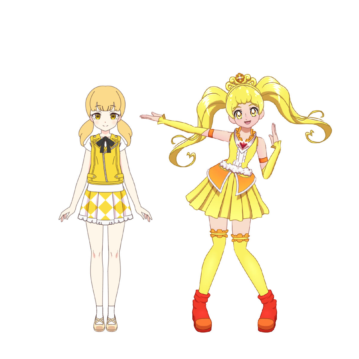 Character design of a lime green precure with yellow-orange eyes
