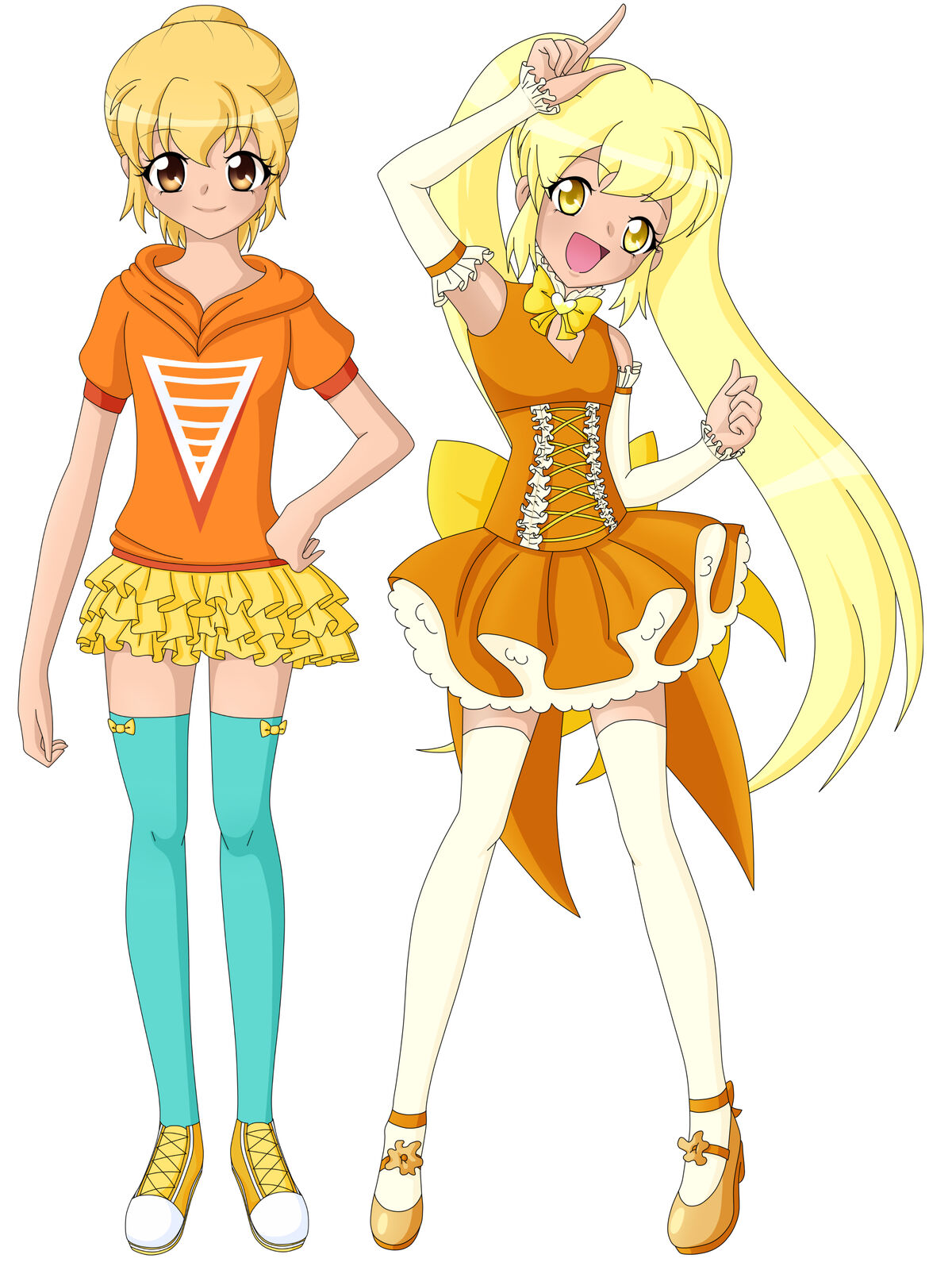 Character design of a lime green precure with yellow-orange eyes