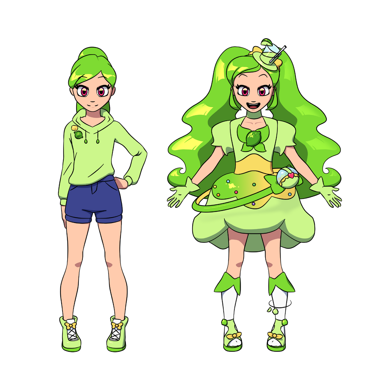 Character design of a lime green precure with yellow-orange eyes