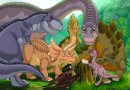 Adult Petrie with friends in Land Before Time's 30th anniversary pic by IsisMasshiro