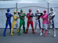 Jungle Fury Blue Ranger, Yellow Overdrive Ranger, Green Samurai Ranger, S.P.D. Red Ranger, White Dino Ranger, Pink Mystic Ranger and Lunar Wolf Ranger Team Up