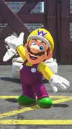 Mario wearing the Wario suit in Super Mario Odyssey