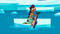 Sierra using a fish to save Cody.
