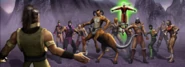 Shujinko encountered by Shao Kahn and his generals in his journey in Outworld