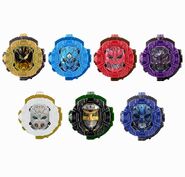 Moonshine's Kintaros Ridewatch, Drag's Urataros Ridewatch, Zion's Momotaros Ridewatch, Leo's Ryutaros Ridewatch, Angel's Sieg Ridewatch, Song's Deneb Ridewatch and Proto Woz's Teddy Ridewatch