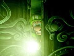 Luigi opens a door and turns on a flashlight.