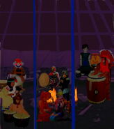 Sheik inside the center teepee with Impa, Link, and a Gerudo giving into their charms...