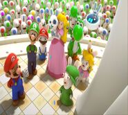 Rabbid Peach shows Sterling and Bob a picture of Toads, Rabbids, Luigi, Rabbid Mario, Spawny, Princess Peach, Rabbid Yoshi, Yoshi, Beep-O, Mario, Rabbid Luigi and Rabbid Peach