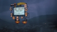Hill Valley - A Nice Place To Live. Even in the 21st century, some things never change. The hovering "WELCOME TO HILL VALLEY" greeting sign in 2015. The name of Hill Valley's mayor, Goldie Wilson Jr., is displayed below that of the city