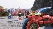 Megazord Rangers, Super Megaforce Meridian White, Super Megaforce Gold and Avatar Charge Red Ranger Team Up
