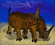 Paraelasmotherium is a New Species of Elasmotherium that Evolved From Elasmotherium 4,000 Years Ago and was discovered on Future Island in 1947. They escaped from the Islands Of Death Itself Zoos and Now Thrives in the island's Grassland. They are Hostile To Humans. The grow 3.4 Meters Long and 5 Meters High and their horn grows 2 Feet Long.