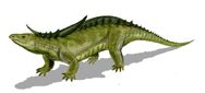 Desmatosuchus, it isn't a crocodile, but is related to crocodiles, despite being a docile and gentle plant eater. It was also introduced to mainland North America, where they are becoming overabundant, tolerating human activities and adapting to human settlements, where they thrive, as long as humans still rule America.