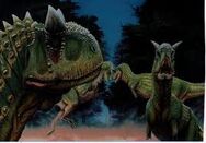 Carnotaurus, A Meat eating dinosaur, eats Humans, Godzillas, and etc on the island.