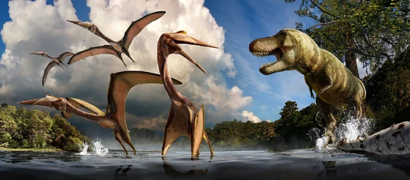 Chomper's dad guarding the T-rex nest, by scaring off some Quetzalcoatlus