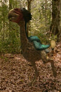 This gastornis, a large flightless plant-eating bird, is running away from an unknown predator, possibly a cetofelis, a terror bird, a tyrannosaur, an allosaur, an indominus, a pack of wolves or feral dogs