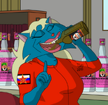 Olga drinking one of the flavored Rasputin Vodka brands.