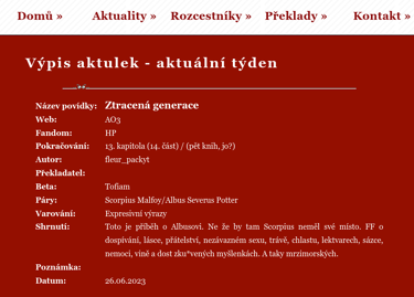 Vyplněný formulář, kterým se oznamuje aktualizace fanfikce na webu . Formulář shrnuje základní údaje typické pro záhlaví fanfikcí.
