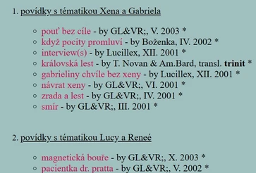 povídky na webu Realm of antisubtext (webarchiv, 2006), * značí, že v příběhu jde o lesbický vztah mezi postavami