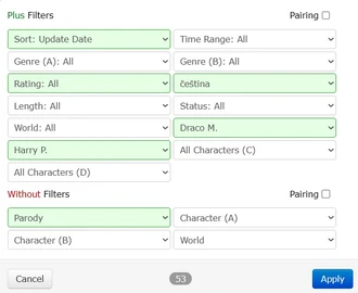  ukázka vyplnění filtru se dvěma postavami, libovolným ratingem a češtinou, v poli Without, tedy "bez", ofiltrovány parodie 