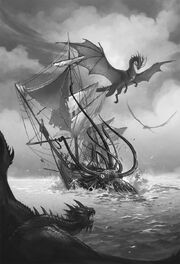 Vyobrazení draka Temeraira z knižní série Temeraire při boji s krakenem