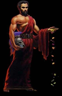 Hades: o deus porta seu elmo mágico e distribui tesouros: acreditava-se que dele provinha a riqueza, e por isso era chamado também Plutão (o Rico)
