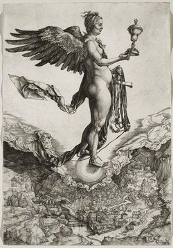 Nêmesis ou A Boa Fortuna, de Albrecth Dürer (1502). A gravura ilustra um poema de Poliziano que combina as deusas da sorte e da vingança. A figura flutua nas nuvens sobre a bola que representa incerteza, segurando uma taça dourada que simboliza a temperança e rédeas que indicam a contenção das tentações.