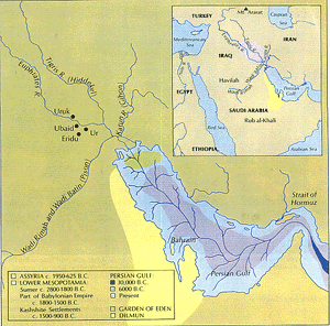 Antigo litoral do Golfo Pérsico e possível localização do Éden e de Dilmun, segundo Juris Zarins