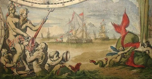 Alegoria da Água no mapa-múndi de Justus Danckerts, Nova Totius Terrarum Orbis Tabula (1680)