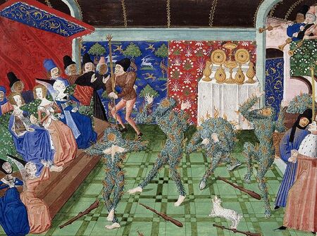 Le Bal des Ardents Miniatura de 1470-72 para as Chroniques de Jean Froissart. A Duquesa de Berry cobre um quase invisível Carlos VI da França com sua saia azul enquanto os dançarinos rasgam seus trajes em chamas. Um dançarino saltou para o barril de vinho; na galeria acima, os músicos continuam a tocar.