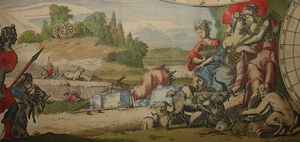 Alegoria da Terra no mapa-múndi de Justus Danckerts, Nova Totius Terrarum Orbis Tabula (1680)