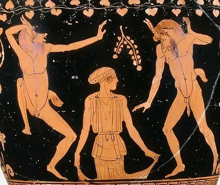 Gaia ergue-se do solo, rodeada por Pãs dançarinos. Skyphos ático, cerca de 450 a.C.