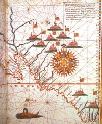 Mapa espanhol, mostrando esperançosamente a bandeira da Espanha a tremular sobre as legendárias sete cidades de Cíbola