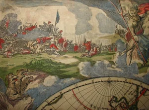 Alegoria do Fogo no mapa-múndi de Justus Danckerts, Nova Totius Terrarum Orbis Tabula (1680)