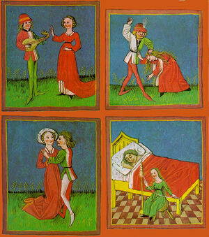 Os Quatro Humores: Melancólico (superior esquerdo), Colérico (superior direito), Sangüíneo (inferior esquerdo) e Fleumático (inferior direito)