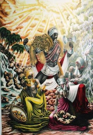 Xangô e suas três esposas (da esquerda para a direita, Oxum, Obá e Iansã)