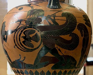 Gerião enfrenta Héracles, com Ortro, o cão de duas cabeças e Euritião, o vaqueiro, mortos no solo. Ânfora de 540 a.C.