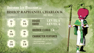 Bishop Raphaniel Charlock's stats as of Episode 3: Yonder Where the Fruit Do Be Lyin'