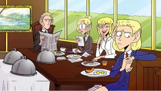 's introductory graphic, showcasing the Abernant family having breakfast in their breakfast nook.