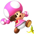 Toadette slipping on a Banana Peel.