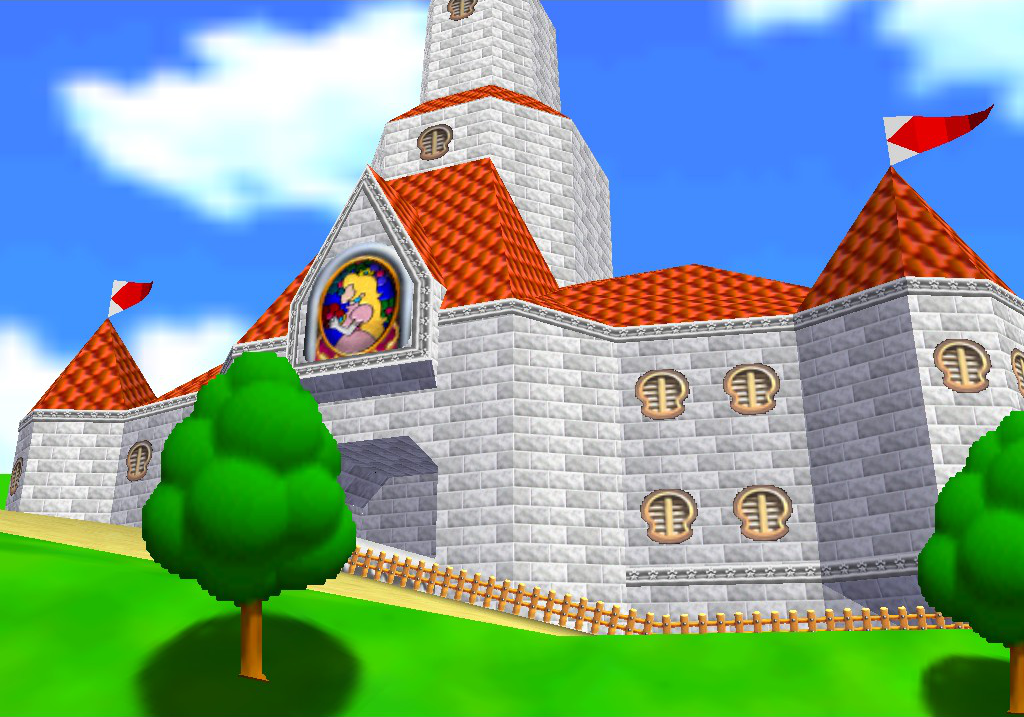 design varies between games, Peach's Castle is usually a wide gray sto...