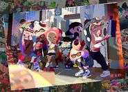 Splatoon 2 anniversary photo featuring Callie and Marie, Pearl and Marina of Off the Hook, Cap'n Cuttlefish, male Agent 3, female Agent 8 and female Agent 4.