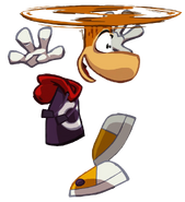 Rayman using his helicopter ability in Rayman Origins.