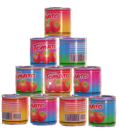 a stack of tomato cans