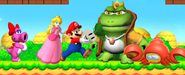 Mario and Peach battling Wart, with Clawgrip and Birdo watching.