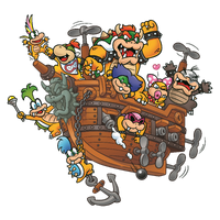 Bowser, Bowser Jr. and the original Koopalings on an Airship.